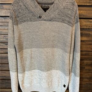 Trash Nouveau Knit Pullover Sweater Shawl Neck Mens LRG Striped Multi Color Grey